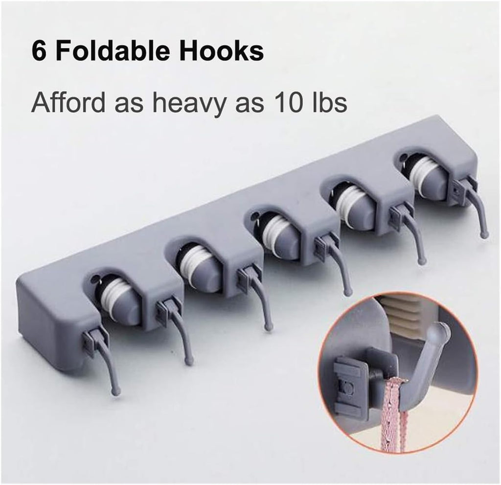 16 Inch Broom Holder Wall Mount with 6 Hooks, ABS Plastic Mop and Tool Organizer Rack for Garage Kitchen Laundry Room