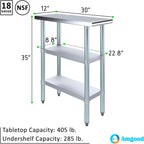 AmGood Stainless Steel Work Table with 2 Shelves | NSF | Metal Utility Table (12" Long x 30" Deep)