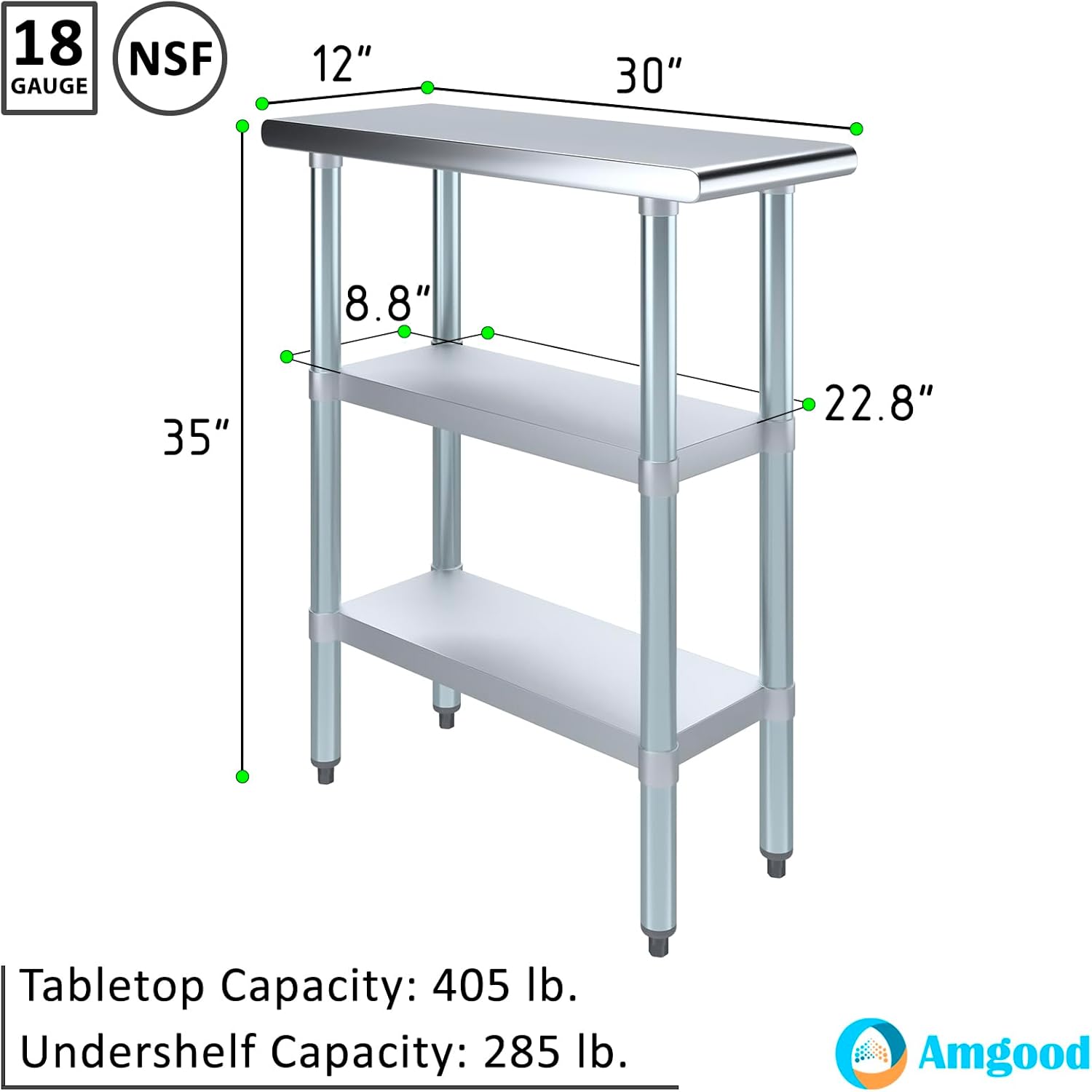 AmGood Stainless Steel Work Table with 2 Shelves | NSF | Metal Utility Table (12" Long x 30" Deep)