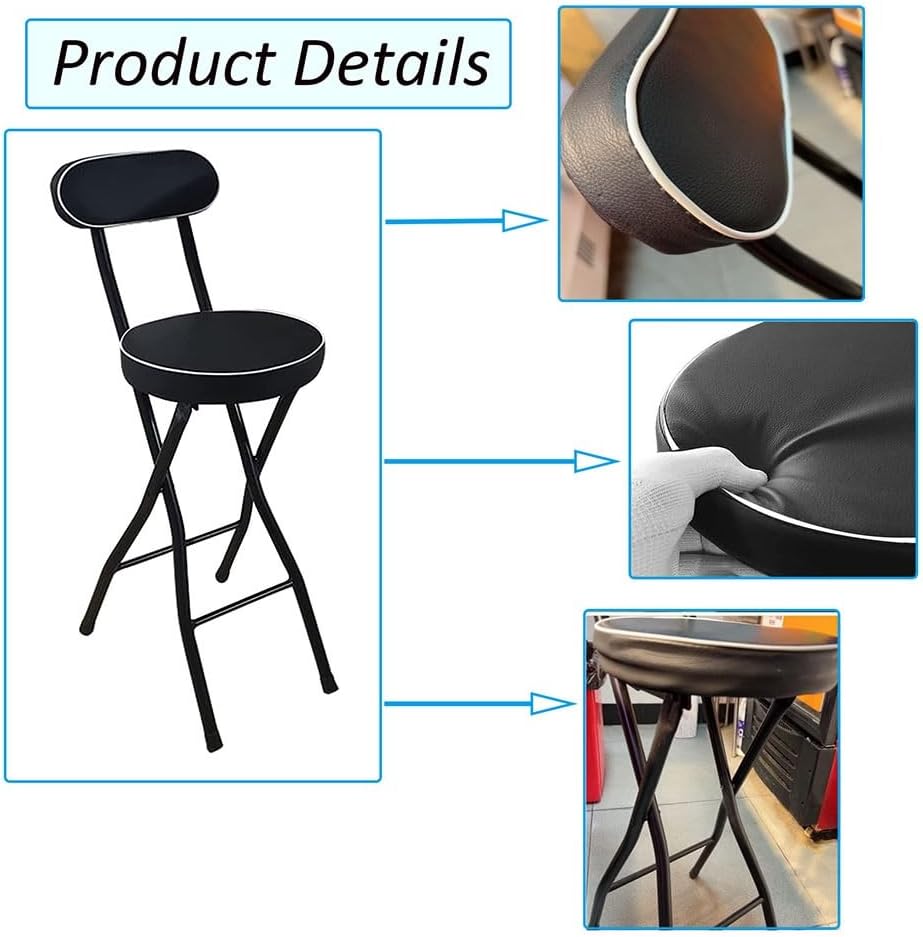 Portable Foldable Bar Stool with Backrest, Kitchen Garden Bathroom Round Stool, for Adults, 220 lbs Capacity (Color : Black, Size : 55cm/21inch)
