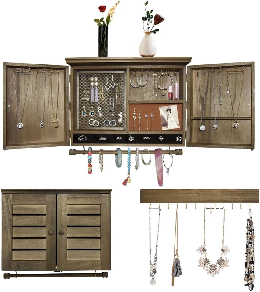 Rustic Wall Mounted Jewelry Organizer,Vintage Wooden Hanging Jewelry Holder Box with Barndoor Decor for Necklaces, Earings, Bracelets, Rings, Accessories. Includes Hook Organizer