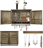 Rustic Wall Mounted Jewelry Organizer,Vintage Wooden Hanging Jewelry Holder Box with Barndoor Decor for Necklaces, Earings, Bracelets, Rings, Accessories. Includes Hook Organizer