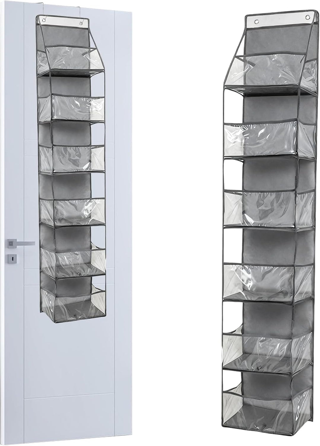 1Pack Over The Door Organizer, Hanging Door Storage Organizer with 6 Large Clear Pockets, Space Saving Behind Door Rack for Bedroom Closet Bathroom Pantry Nursery Office (Grey)
