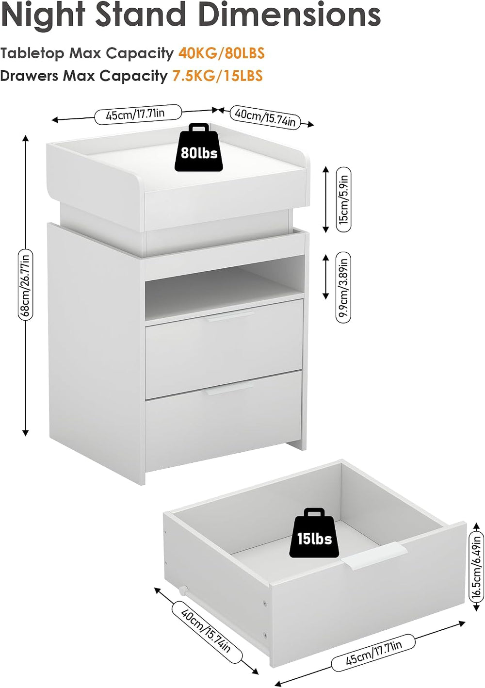 Turosur White Nightstand with Charging Station and LED Lights, Modern Beside ...