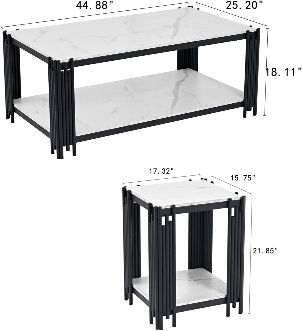 Modern 3-Piece Living Room Table Set, White Faux Marble Coffee Table and 2 En...