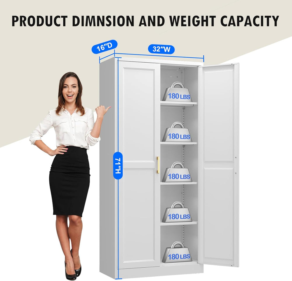 Polup 71" White Metal Kitchen Pantry Storage Cabinet with Doors and Shel...