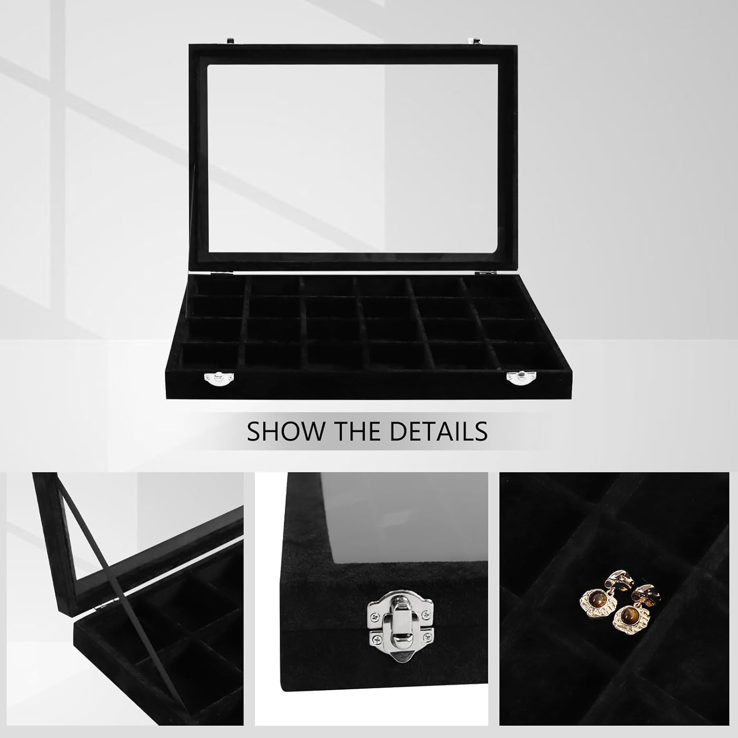 Wudygirl Jewelry Organizer 24 Grid Jewelry Tray with Clear Lid Velvet Jewelry Box Earrings Holder Organizer Jewelry Display Case (Black 24 Grid)