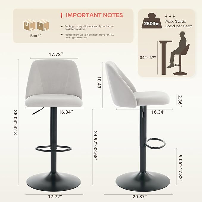 COLAMY Bar Stools Set of 4, Modern Swivel Bar Chairs, Adjustable Upholstered ...