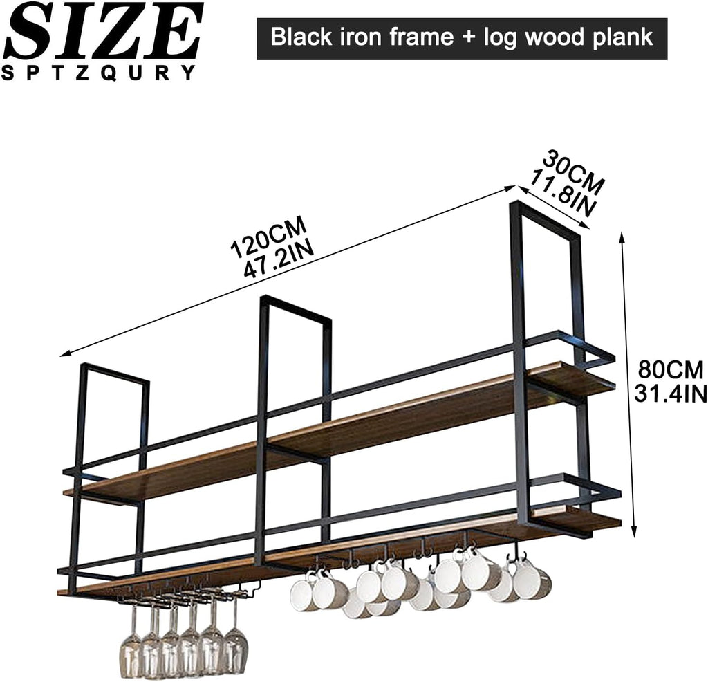 Ceiling Wine Glass Rack - 47.2in Hanging Wine Rack with Glass Holder and Shelf, 2 Layer Industrial Hanging Wine Bottle Holder, Black Metal Ceiling Shelf for Bar Cafe Kitchen (Black, 47.2×11.8×31.4in)