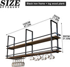 Ceiling Wine Glass Rack - 47.2in Hanging Wine Rack with Glass Holder and Shelf, 2 Layer Industrial Hanging Wine Bottle Holder, Black Metal Ceiling Shelf for Bar Cafe Kitchen (Black, 47.2×11.8×31.4in)