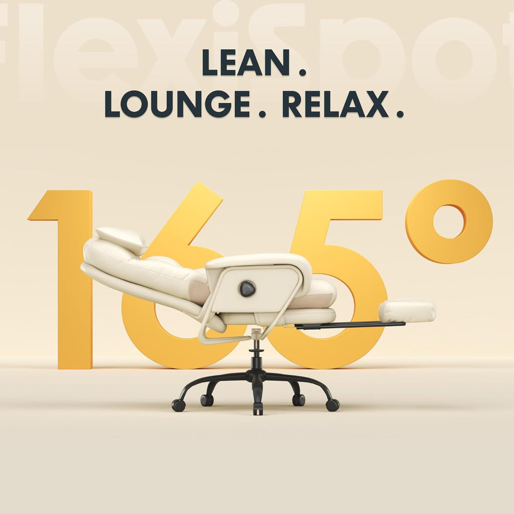 FLEXISPOT 2-in-1 Chaise Lounge Chair Indoor with Wheels Footrest 90-165° Reclining Lumbar Support, Home Office Chairs for Living Room Bedroom Study Working Relaxing, PU Leather, Beige White, HC4