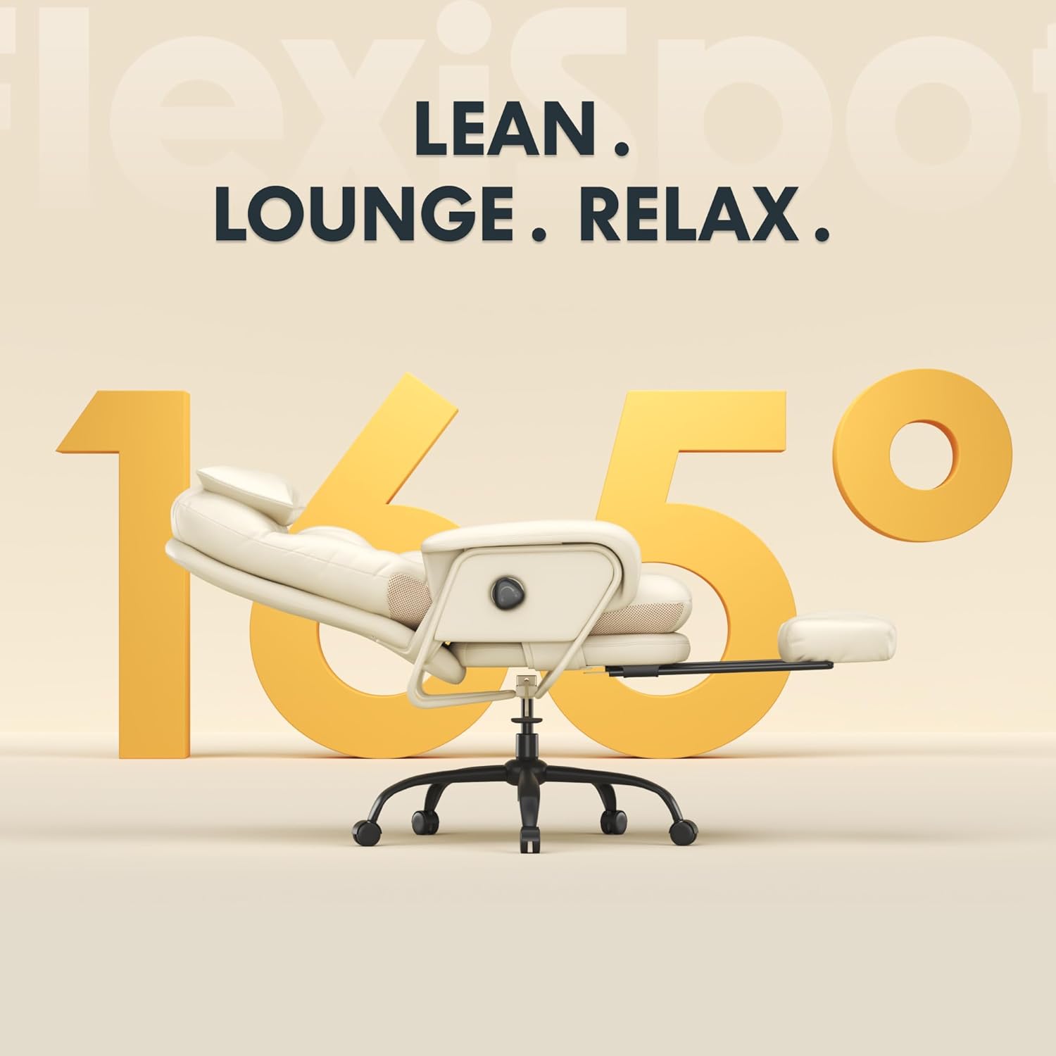 FLEXISPOT 2-in-1 Chaise Lounge Chair Indoor with Wheels Footrest 90-165° Reclining Lumbar Support, Home Office Chairs for Living Room Bedroom Study Working Relaxing, PU Leather, Beige White, HC4