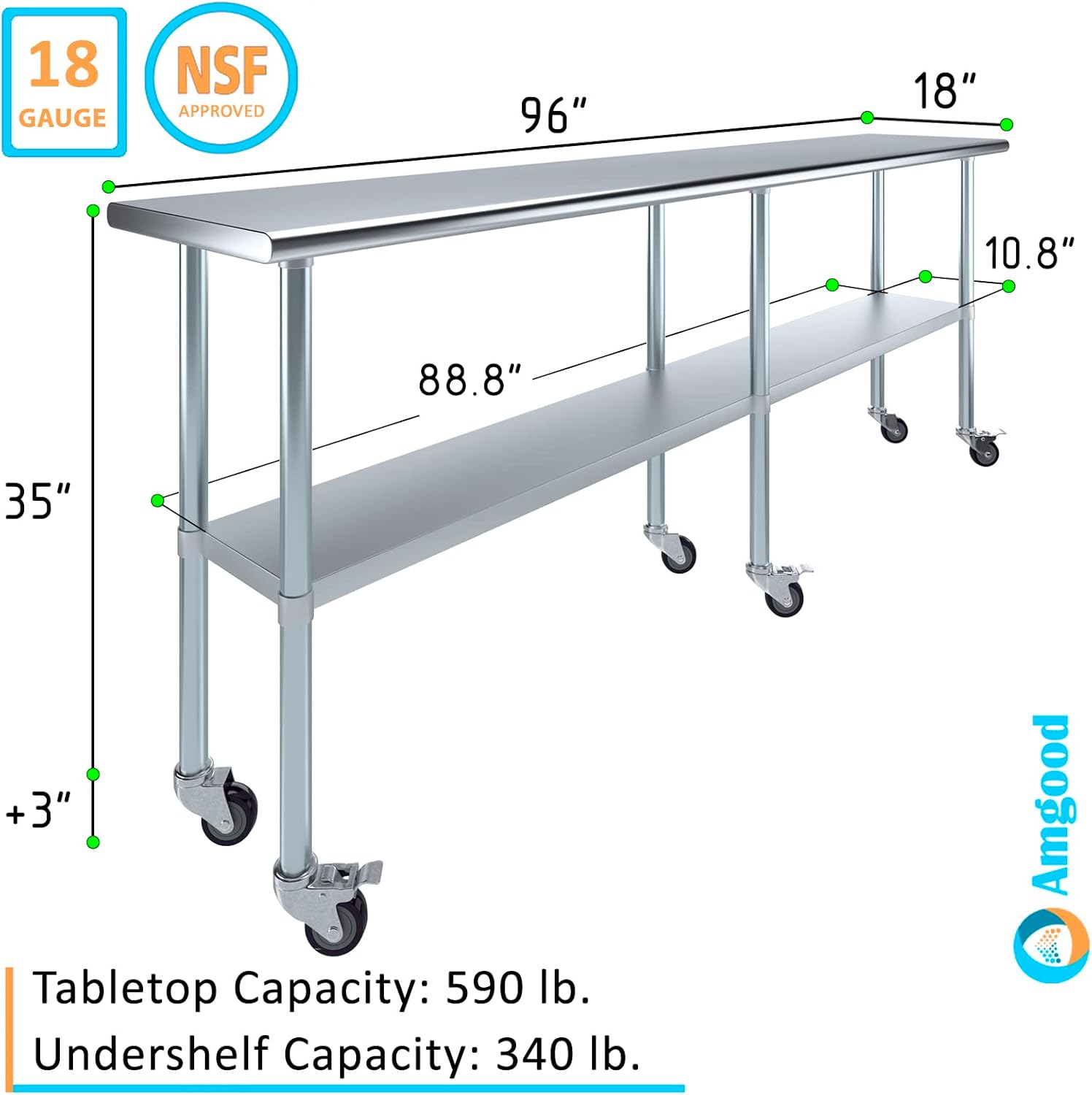 AmGood Stainless Steel Work Table with Casters | Heavy Duty Metal Utility Table On Wheels | Kitchen Island Cart (96" Long x 18" Deep)