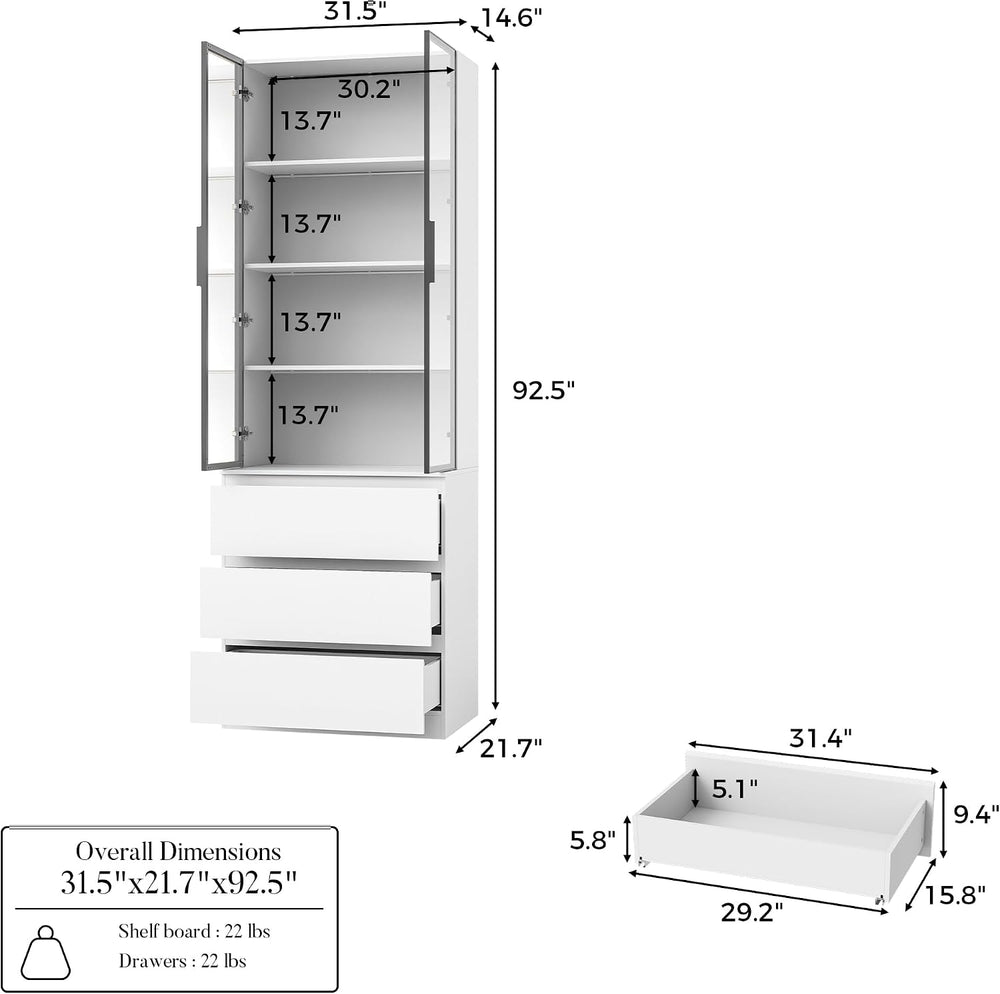 Homsee 92.5" H Lighted Kitchen Pantry Cabinet with 3 Drawers & Glass...