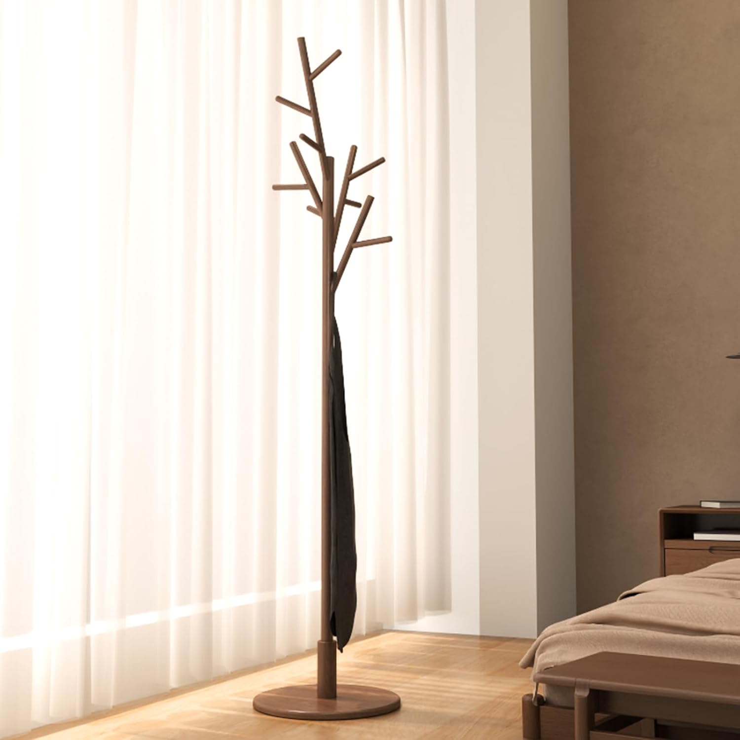 Muwuele Coat Rack, Solid Wood Coat Rack Freestanding With 12 Hooks, Coat Tree Freestanding Heavy Duty 3 Adjustable Heights For Coat, Hats, Handbags, Coat Hanger Stand For Entryway, Bedroom, Walnut