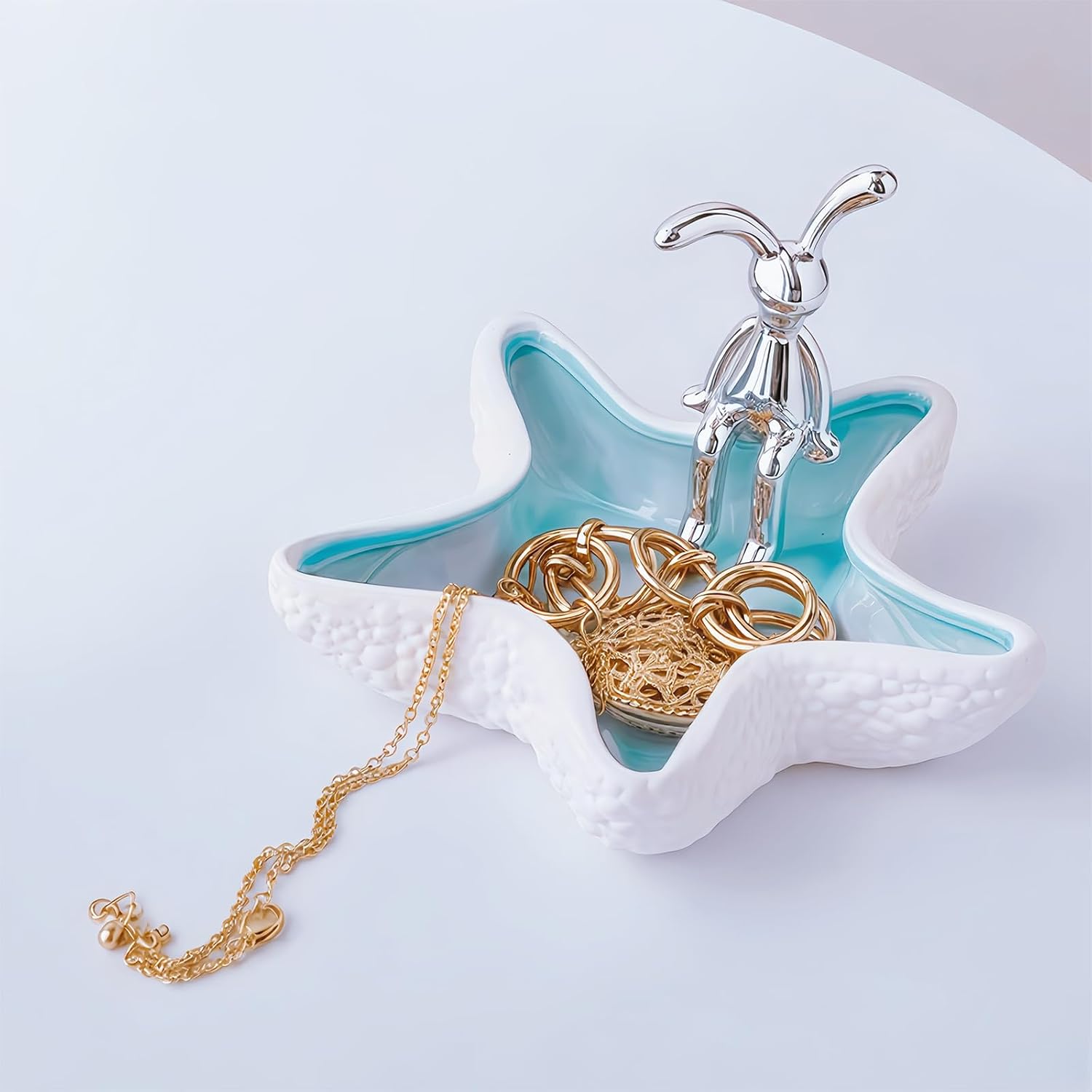 Starfish Ceramic Jewelry Tray, Ocean Themed Trinket Holder for Jewelry Storage, Beachy StDecorative Trinket Ring Dish, Suitable for Mother Friend Sister, Gifts for Women, Home Decor(Sea Blue)