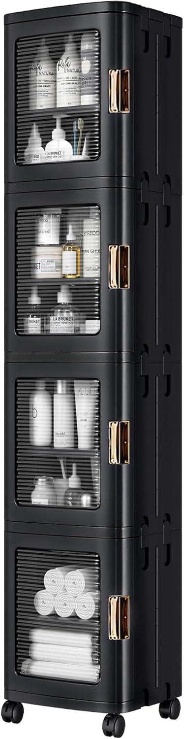 VECELO 4-Tier Tall Narrow Storage Cabinet with Movable Wheels, Adjustable Shelves, Anti-Tip, Slim, for Small Space, Bathroom, Kitchen, Laundry, Black