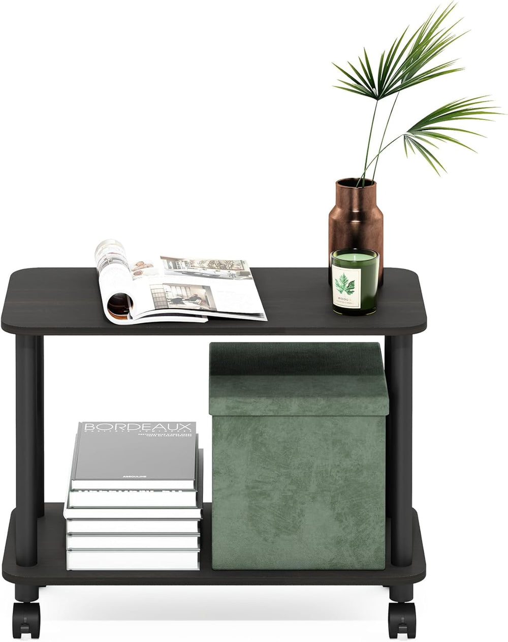 Furinno Turn-N-Tube Side Table, 2-Tier Sofa End Table with Wheels, Toolless A...