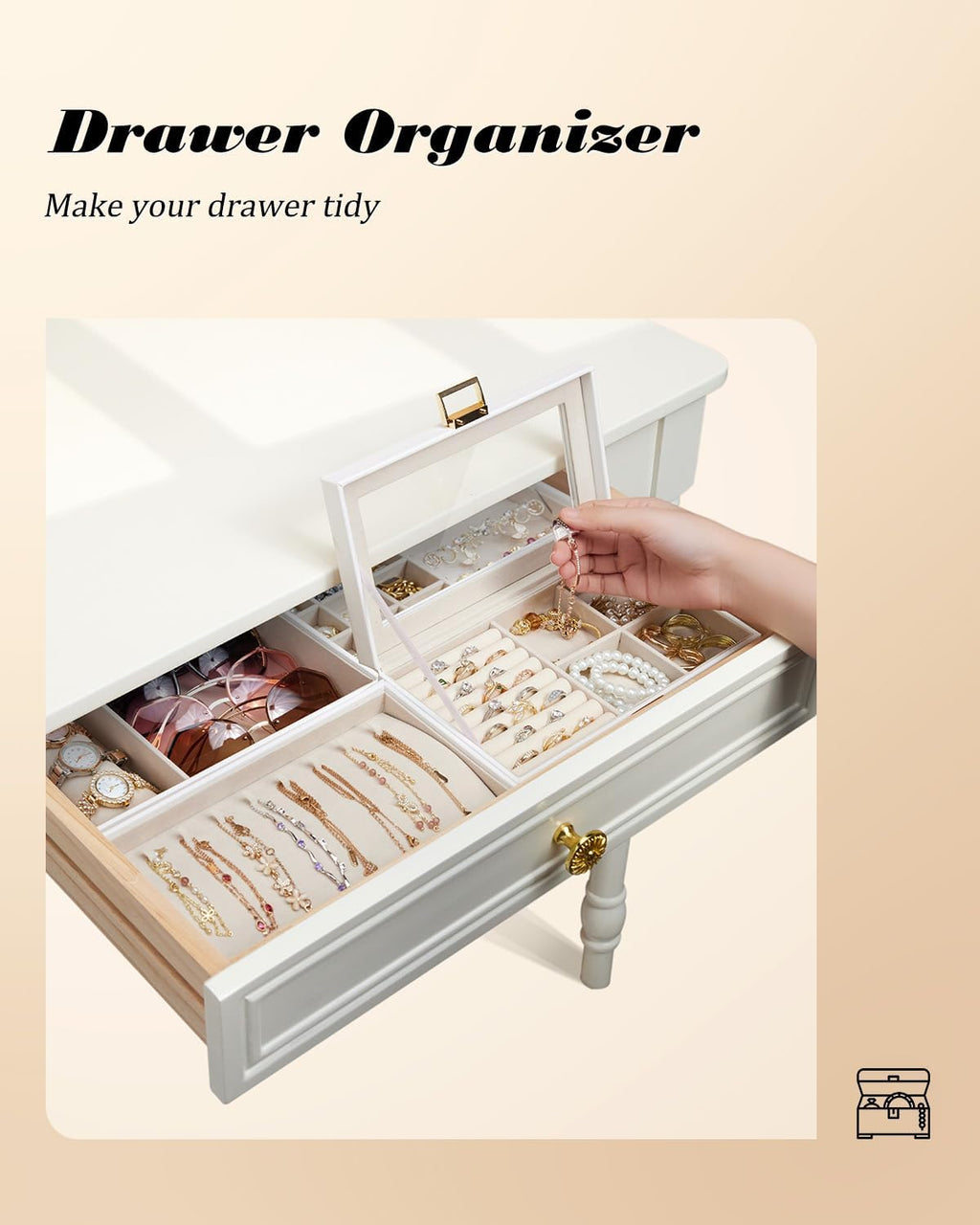 Homde Jewelry Tray Stackable Jewelry Box Drawer Organizer with Glass Lid, Removable Dividers for Vanity Table Gift Idea for Girls and Women (White)