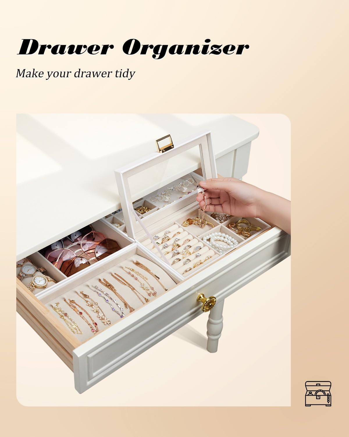 Homde Jewelry Tray Stackable Jewelry Box Drawer Organizer with Glass Lid, Removable Dividers for Vanity Table Gift Idea for Girls and Women (White)