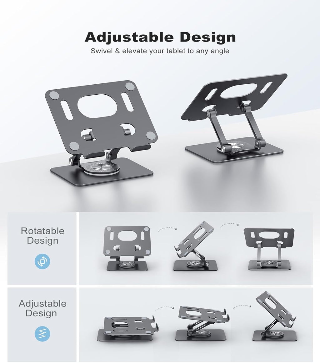 Swivel Tablet Stand with 360 Rotating Base, Adjustable Holder for Drawing, Compatible with iPad Pro/Air/Mini and More (Black)