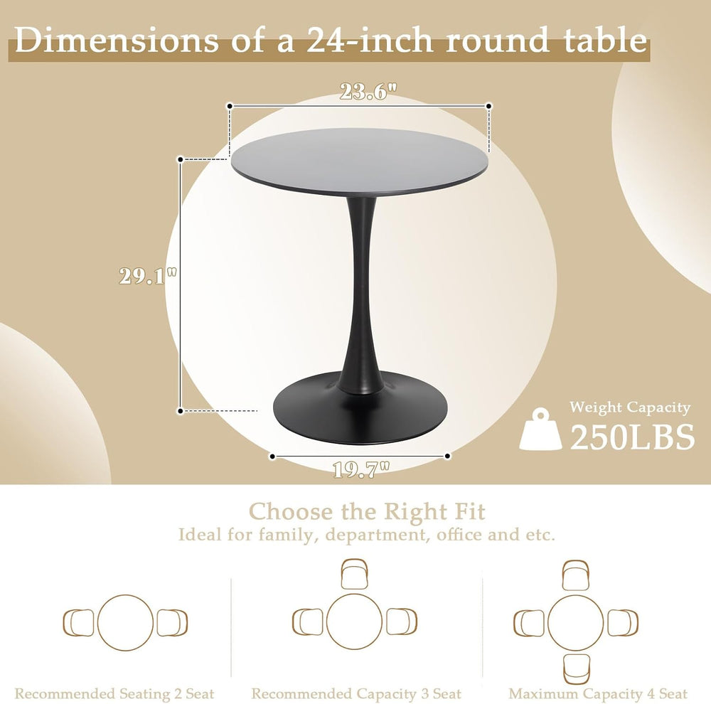 Dining Table and Dining Chair Set 23.6" Black Round Table&2 Leather ...
