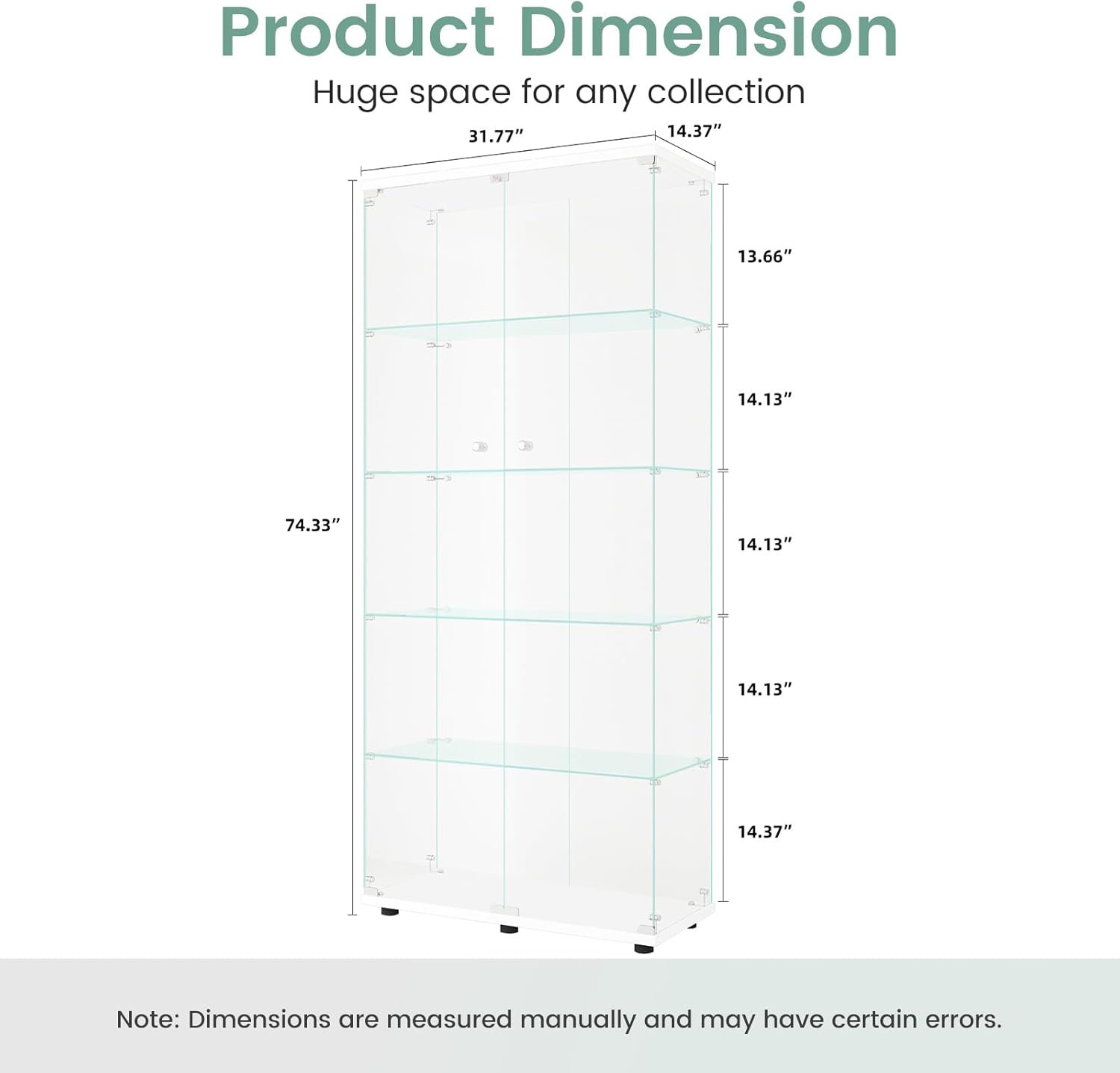 Beauty4U Glass Display Cabinet with 5 Shelves, Curio Cabinets for Living Room, Bedroom, Office, White Floor Standing Glass Bookshelf, Quick Installation