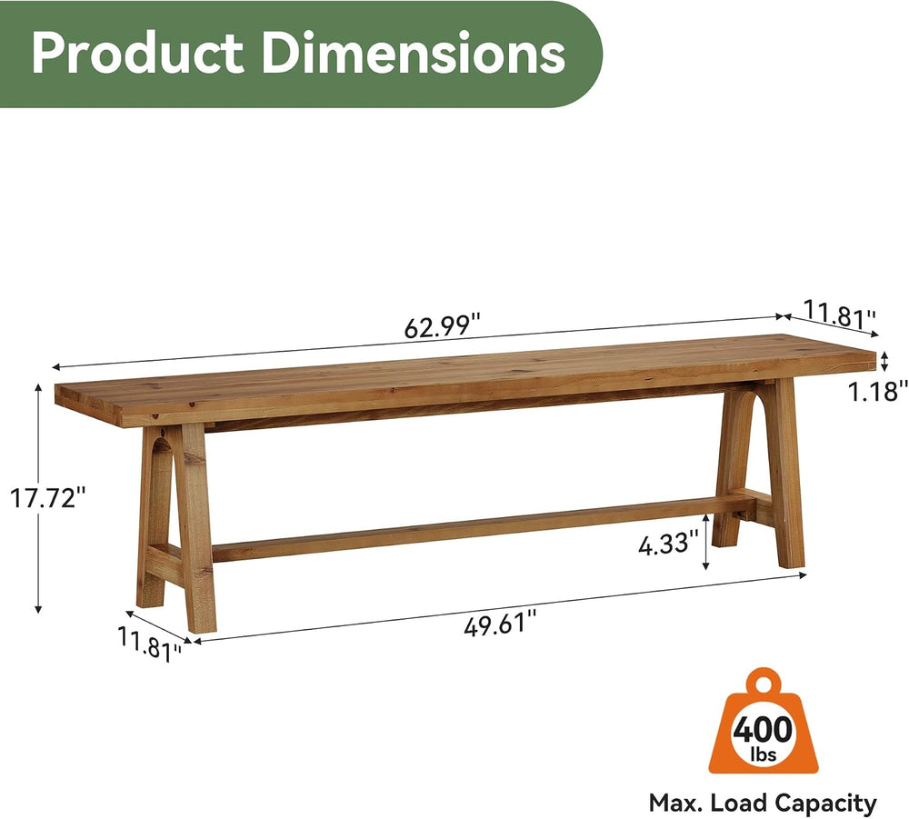 Solid Wood Dining Bench, 63 Inch Long Farmhouse Kitchen Bench for Dining Room...