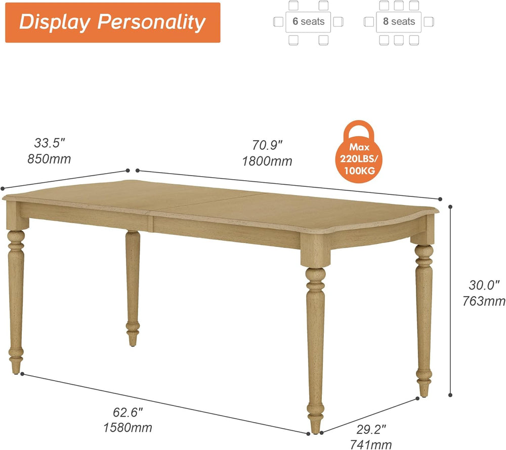 WAMPAT 70 Inch Dining Table for 6–8 People, Curved Edge Dining Room Table wit...