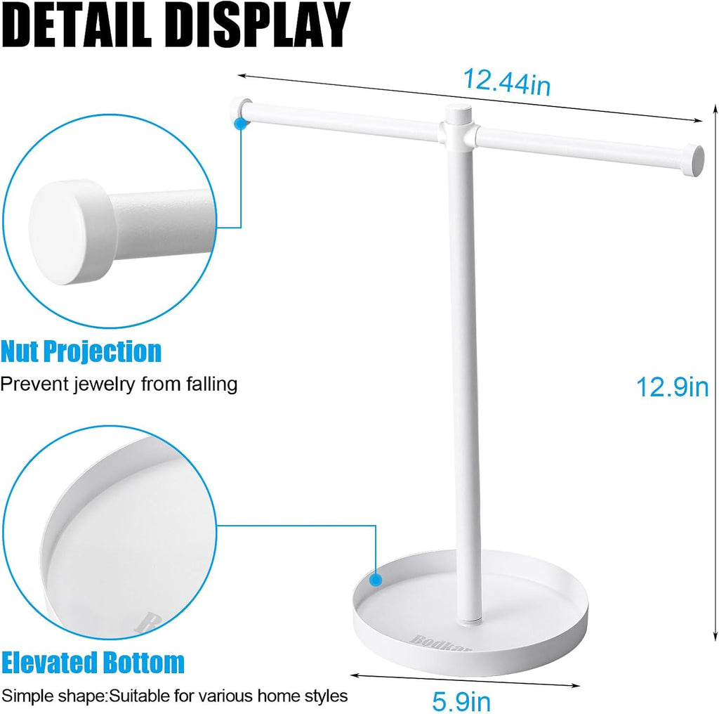 Jewelry Necklace Organizer Stand,12.9" Tall Sturdy Metal Jewelry Stand with Round Tray for Bracelet Bangles Holder Display,Long Necklace Organizer Holder (white)