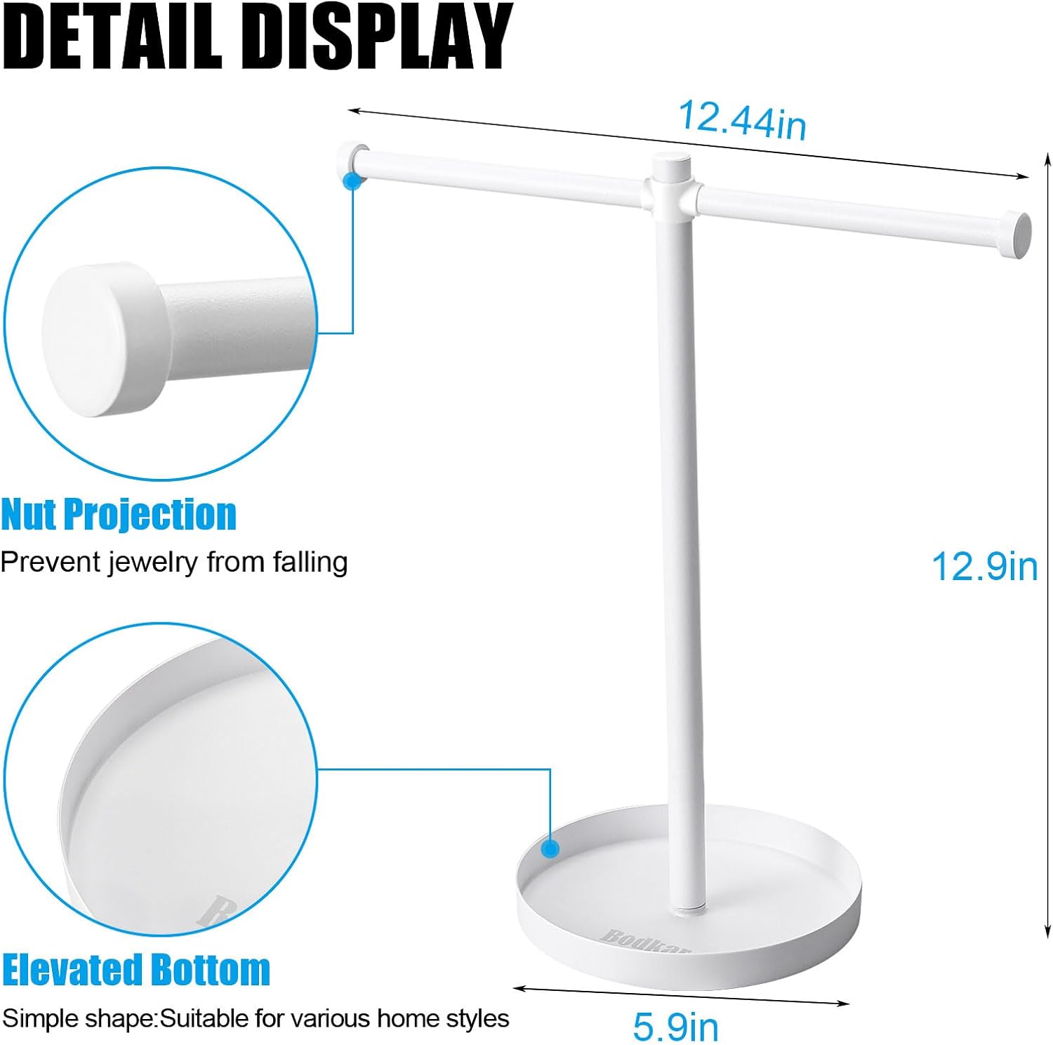 Jewelry Necklace Organizer Stand,12.9" Tall Sturdy Metal Jewelry Stand with Round Tray for Bracelet Bangles Holder Display,Long Necklace Organizer Holder (white)