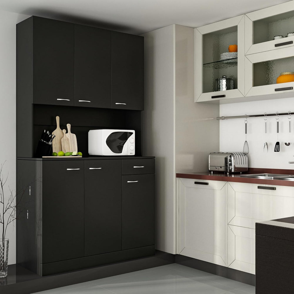 71" Black Kitchen Pantry Cabinets with Microwave Stand, 6 Doors & 3 ...