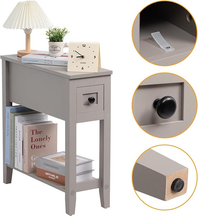 Gery Chairside Narrow End Table, Solid Recliner Side Table with Drawer, Slim ...