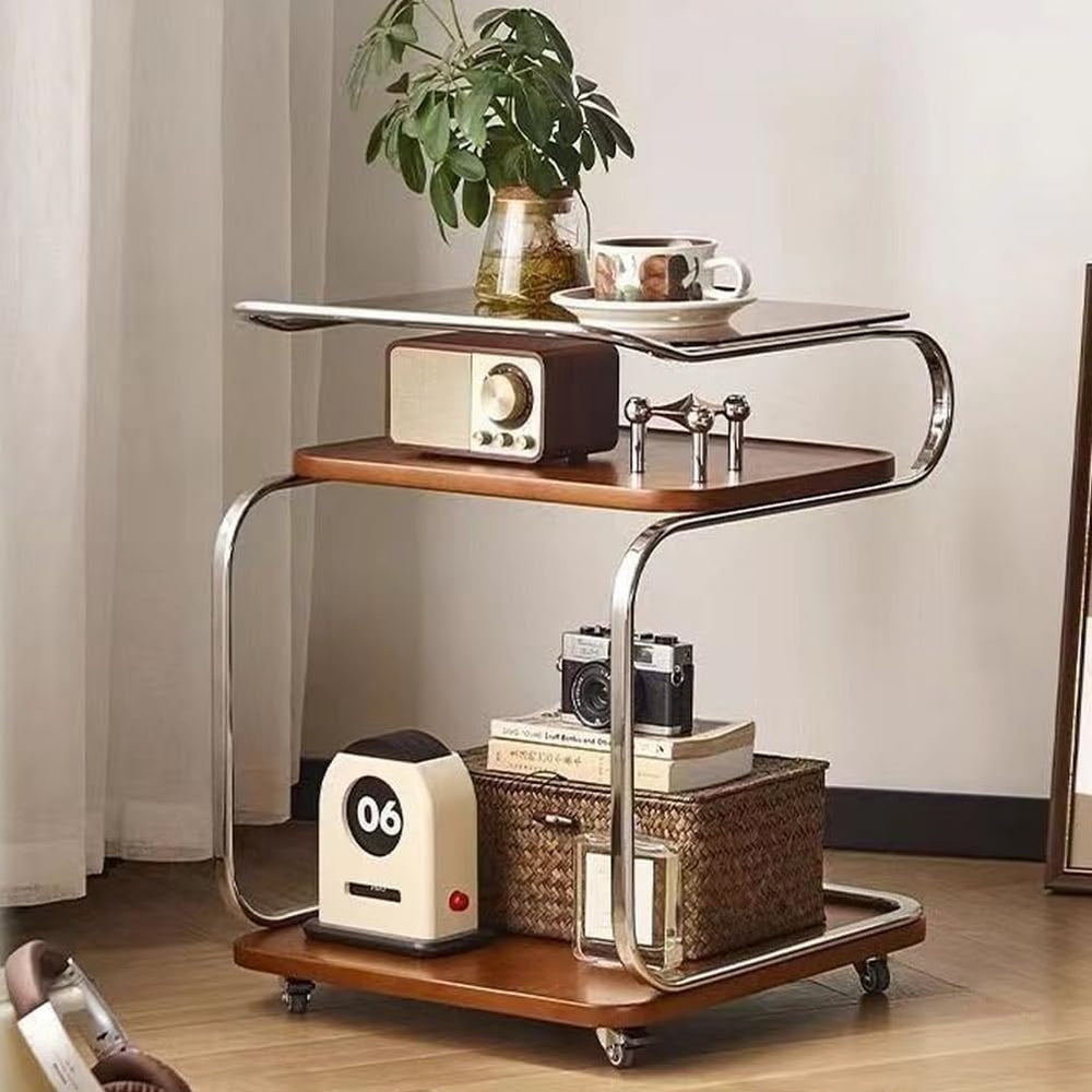 3 Tier Side Table with Glass Desktop TV Tray End Table with Storage Shelf and...