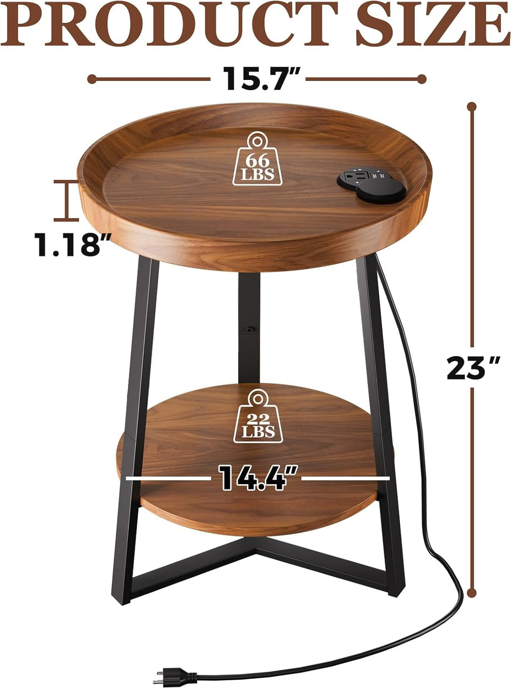 Gadroad Round End Table with Charging Station, Wood Tabletop & Black Meta...