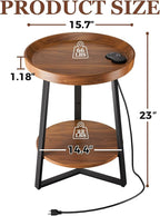 Gadroad Round End Table with Charging Station, USB Ports, Wood Tabletop & Black Metal Frame, 2-Tier Side Table for Living Room, Bedroom, Brown 15.7 * 15.7 * 23.0inches