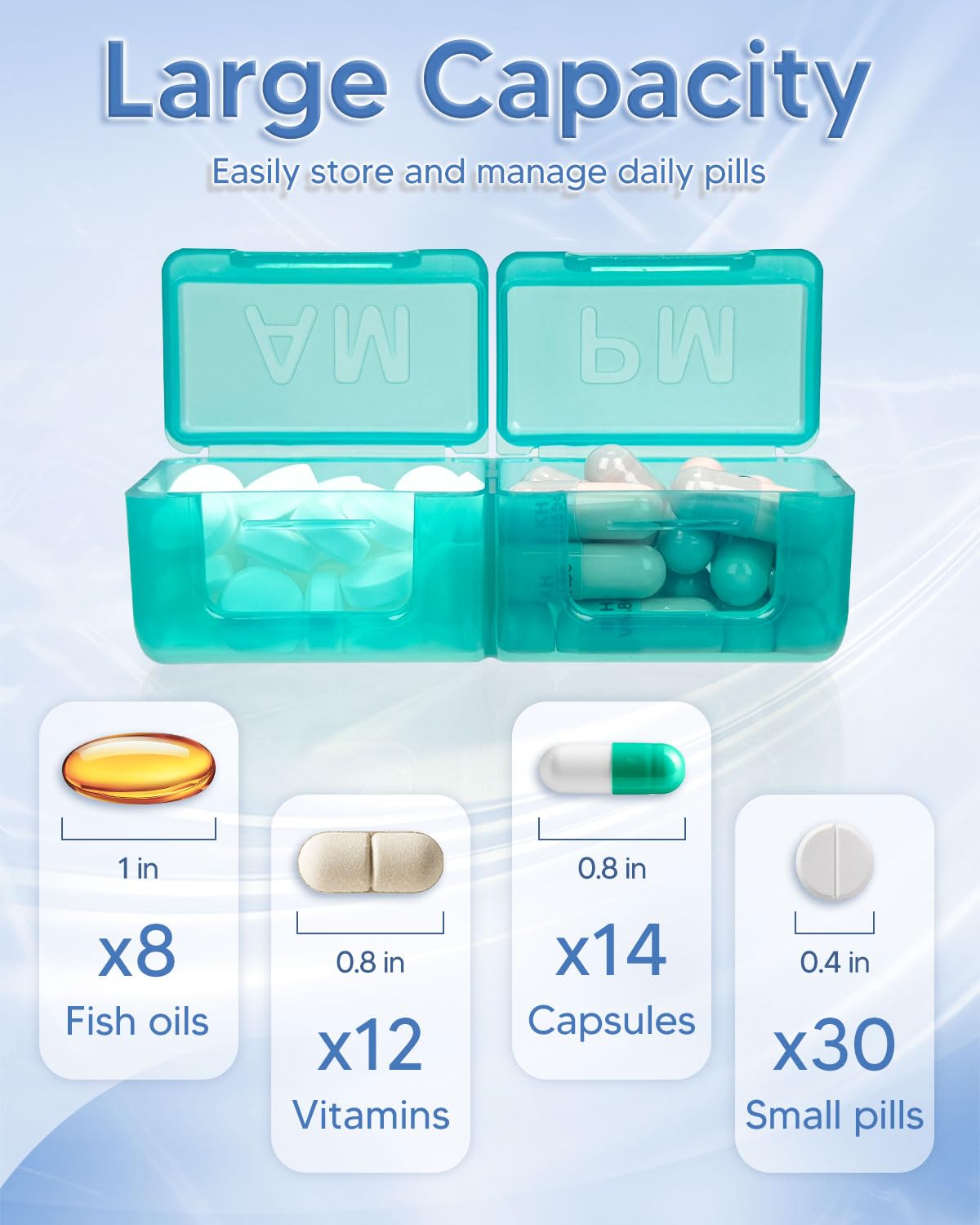 Monthly Pill Organizer 2 Times a Day, FRIWOLE Medicine Box with Portable Weekly Pill Bag, Keychain Pill Case, Pill Cutter and 2 Sticker(Blue, 2 Times a Day)