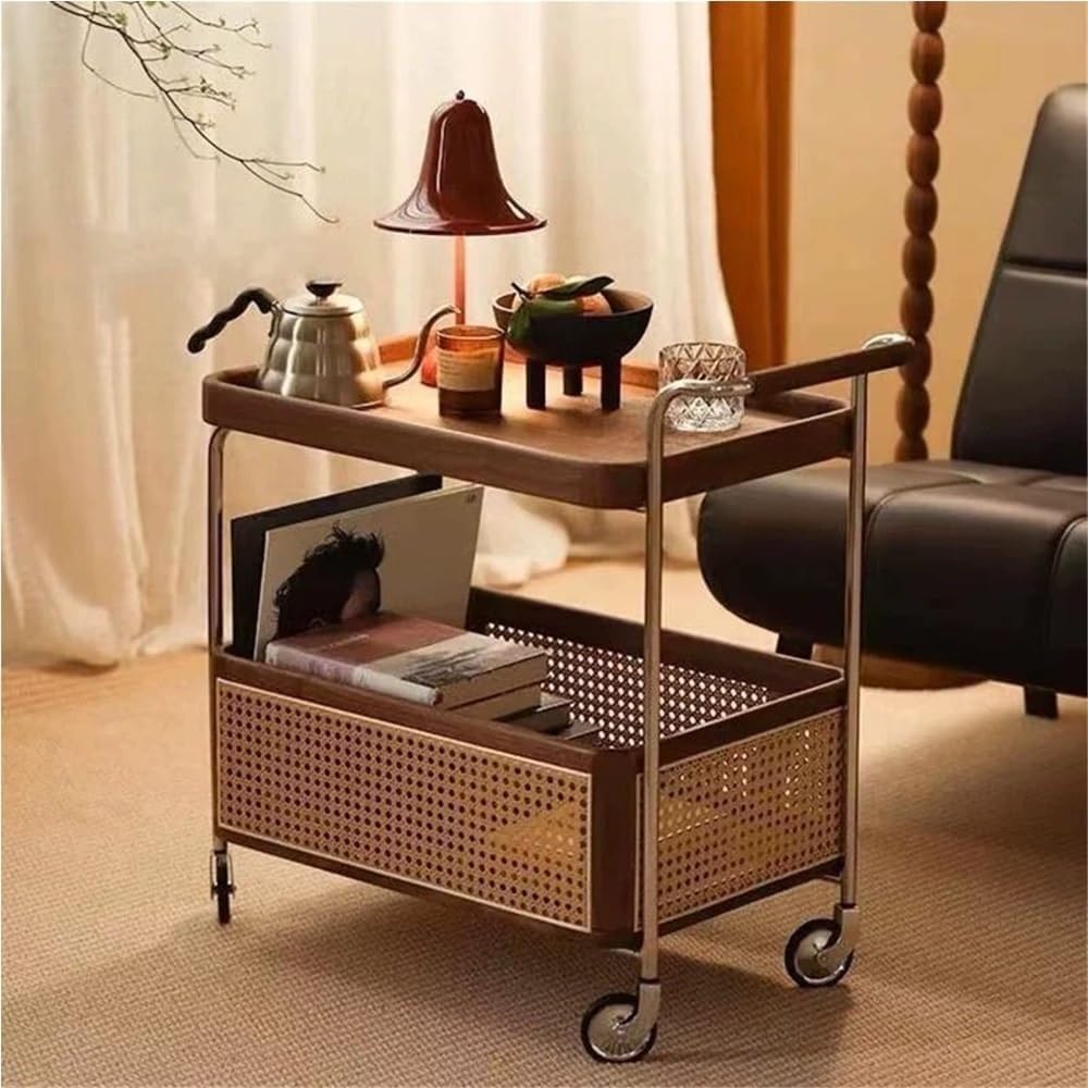 End Table Storage Trolley - 2-Layer Moveable Coffee Bedside Table with Caster...