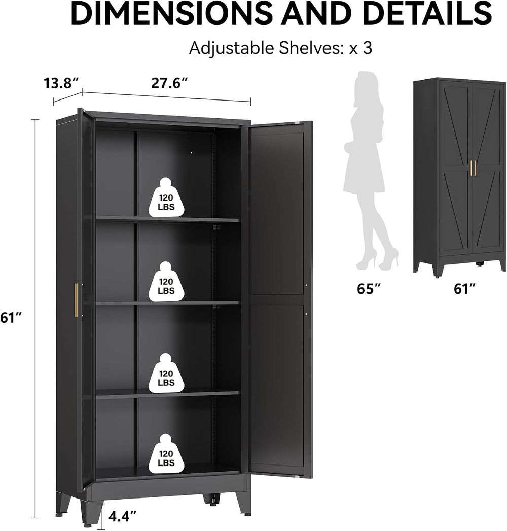 COFaR 61" Metal Pantry Cabinet in Black, Modern Storage Cabinet with Adj...