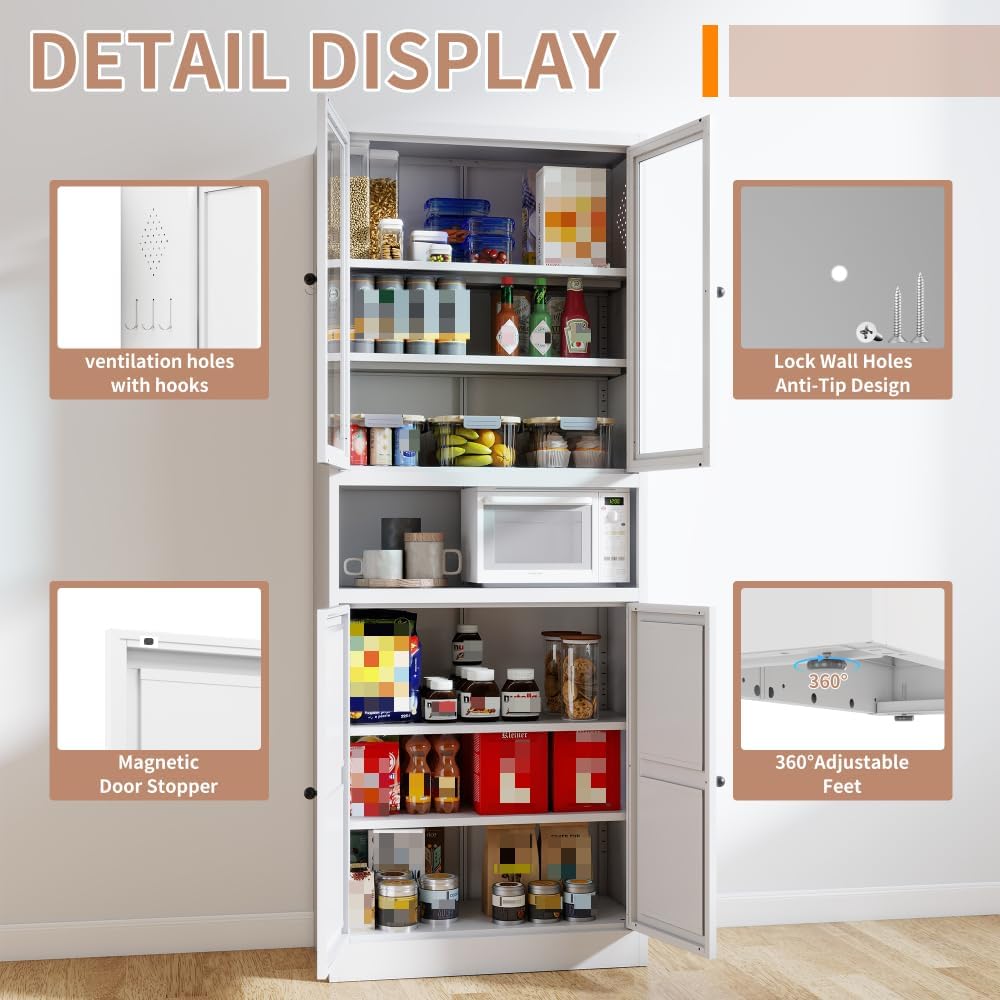 Metal Storage Pantry Cabinet 72" Tall, White Freestanding Organizer with...