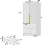 ECACAD 29.5" W Wardrobe Armoire with Mirror, Fluted Door & LED Light, Wooden Closet Storage Cabinet with Hanging Rod, 2 Doors and 2 Drawers for Bedroom, White