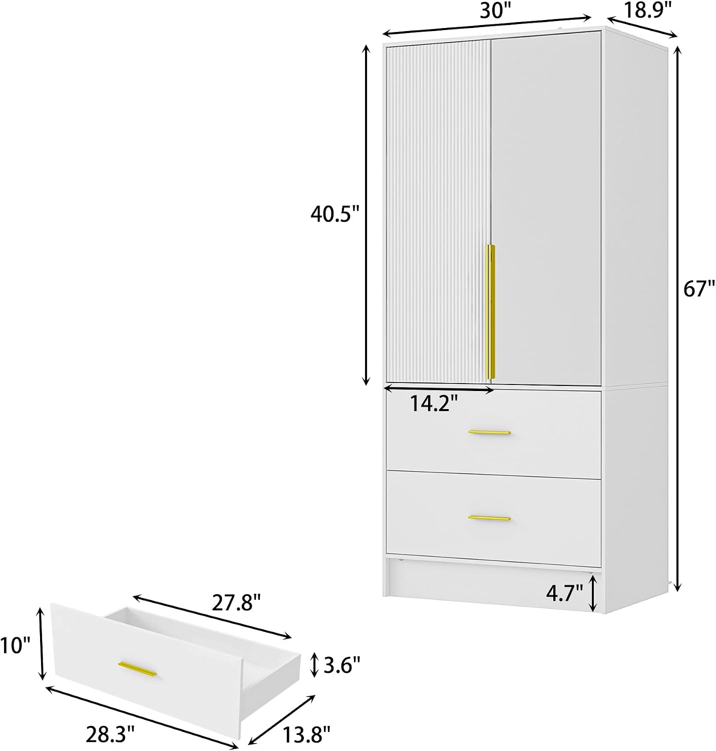 ECACAD 29.5" W Wardrobe Armoire with Mirror, Fluted Door & LED Light, Wooden Closet Storage Cabinet with Hanging Rod, 2 Doors and 2 Drawers for Bedroom, White