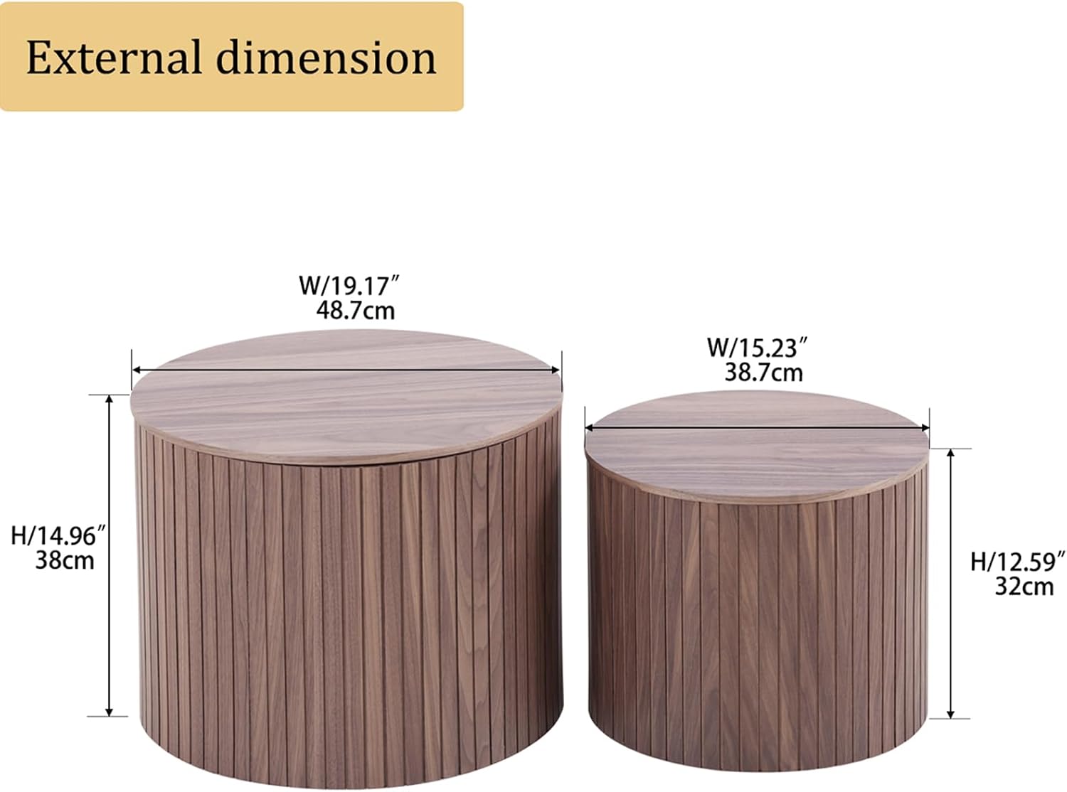 Nesting Coffee Table Set of 2 Modern Round Coffee Tables End Table with Storage Natural Wood Veneer for Living Room Apartment Small Space (Walnut, 19 Inch)