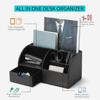 Vlando Office Desk Organizer Leather Desktop Organizer Caddy with Drawer for Storing Desktop Supplies and Accessories (Black)
