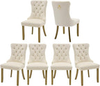Velvet Dining Chairs Set of 6, High-end Tufted Upholstered Dining Chair with Back Ring Pull, Nailhead Trim and Golden Solid Wood Legs, Modern Dining Room Chairs for Dining Room, Cream
