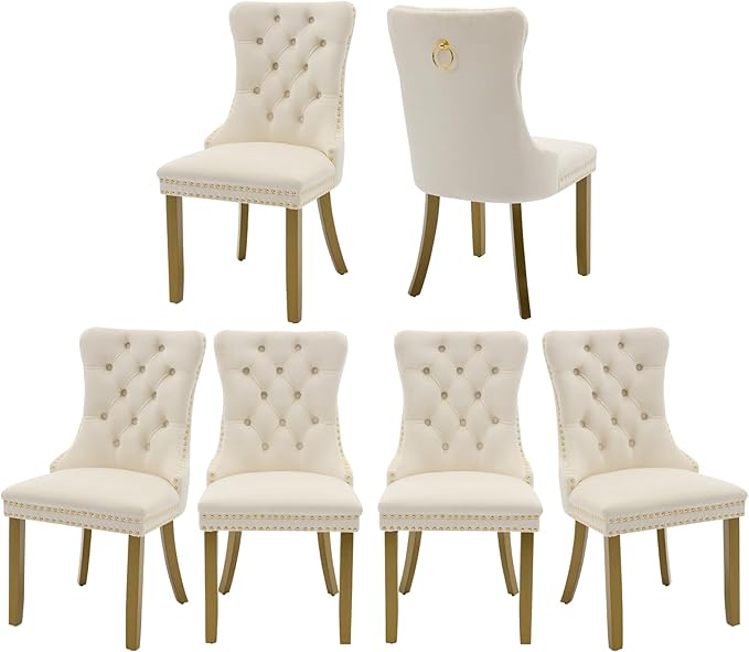 Velvet Dining Chairs Set of 6, High-end Tufted Upholstered Dining Chair with Back Ring Pull, Nailhead Trim and Golden Solid Wood Legs, Modern Dining Room Chairs for Dining Room, Cream