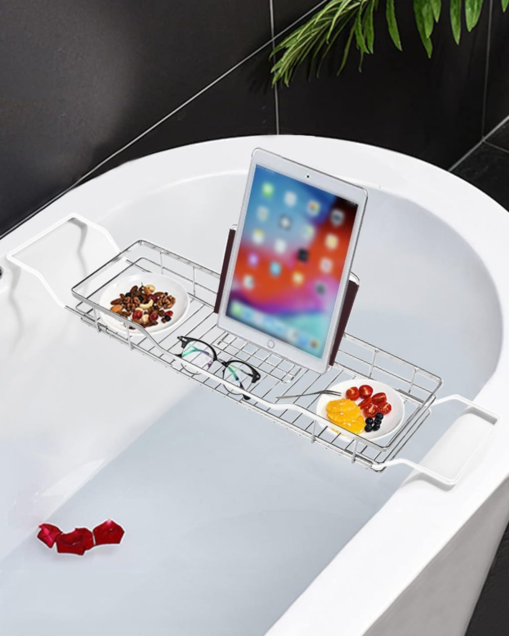 YQh Adjustable Tub Rack, 304 Stainless Steel Bathroom Tray, Multi-Function Tub Organizer with Adjustable Reading Rack, for Tablet or Cell Phone