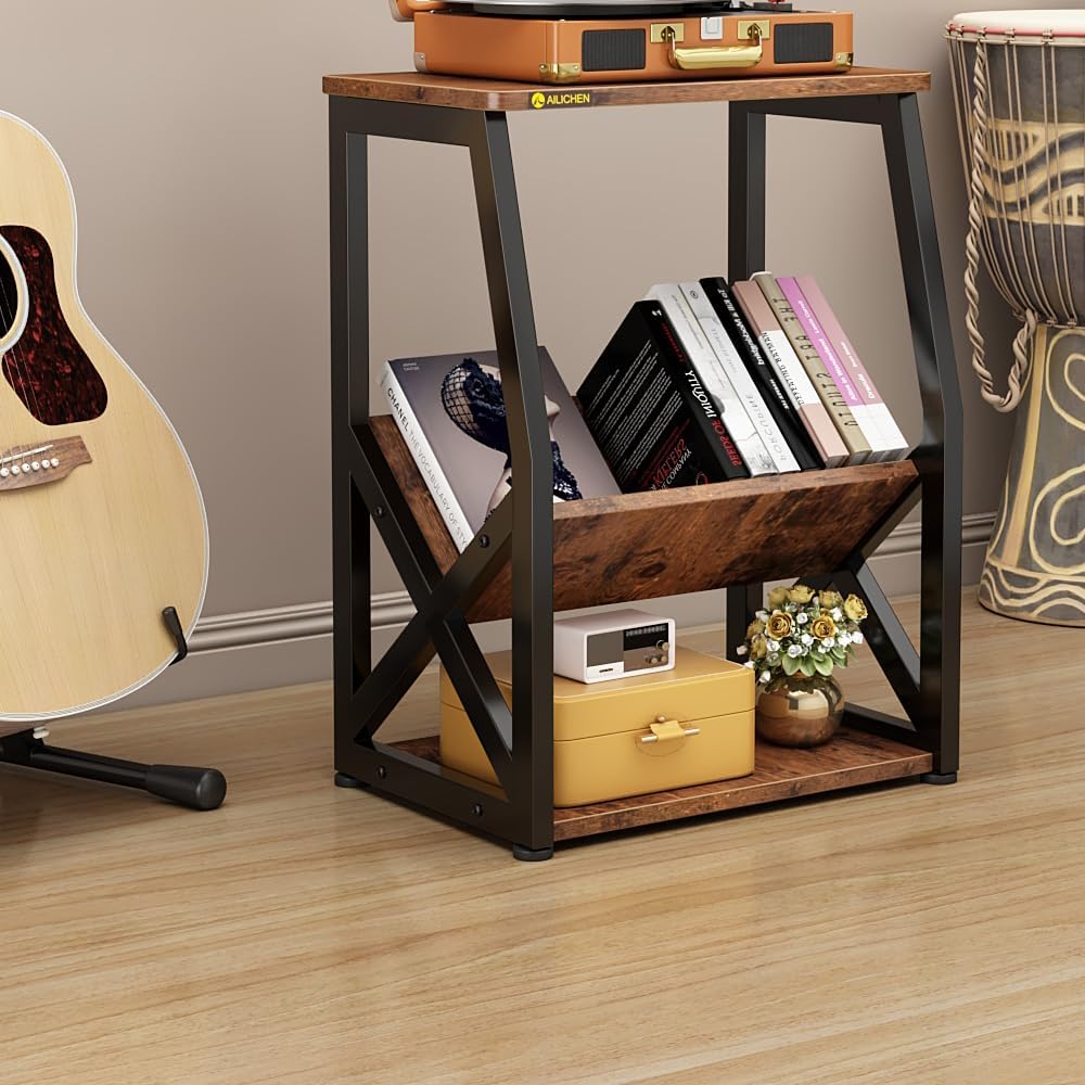 MULKHOME 3-Tier Accent End Table with Magazine Holder Shelf, Metal Frame, Scr...