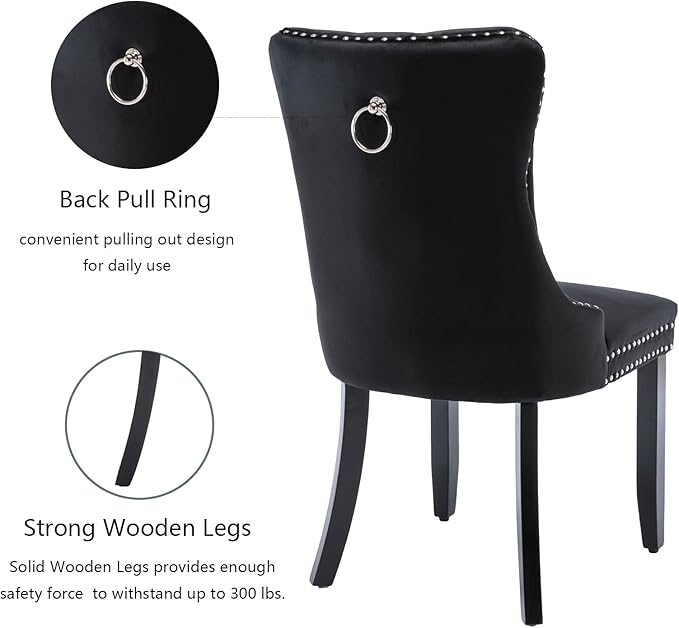 Black Dining Chairs Set of 6, Upholstered Velvet Dining Room Chairs with Back Ring Pull Trim and Solid Wood Legs,Modern Dining Chairs Perfect for Dining Room,Living Room,Kitchen(Black)