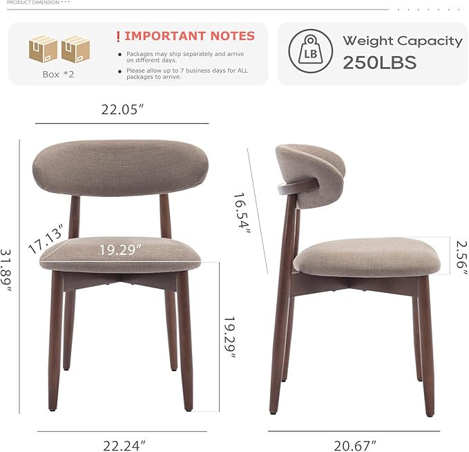 COLAMY Wooden Dining Chairs Set of 4, Modern Fabric Upholstered Dining Room Chair, Farmhouse Kitchen Chairs with Foot Pegs, Camel
